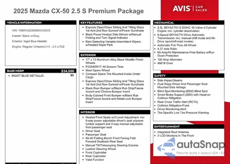 2025 Mazda Cx-50 Premium z USA, uszkodzony, nr VIN 7MMVABDM6SN345633